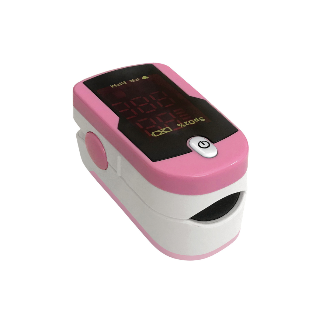 The Prestige Medical Deluxe Fingertip Pulse Oximeter, in pink and white, features a digital display to accurately measure and show blood oxygen levels and pulse rate. Displayed on a white background.